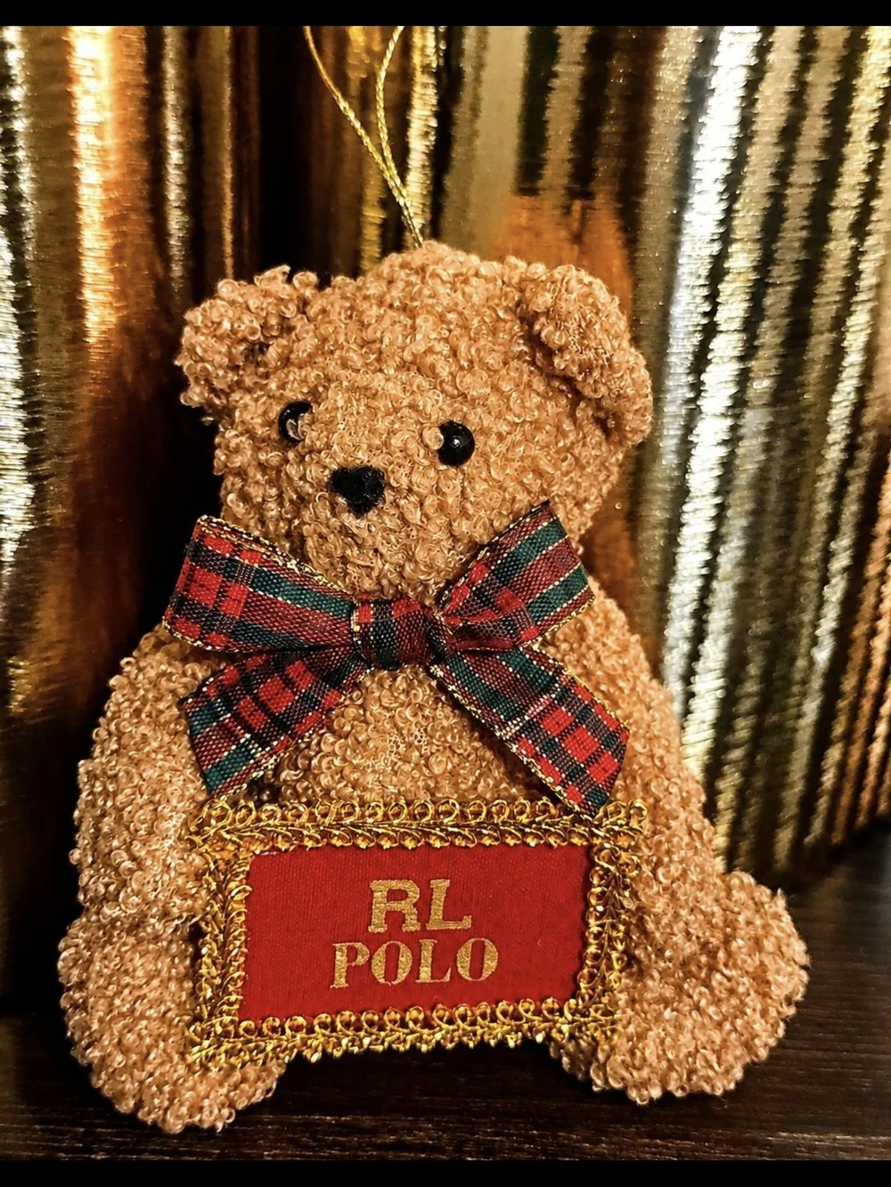 Ralph Lauren RL Polo Brown Teddy Bear Ornament with Plaid Bow